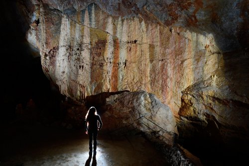 Grotte de Dargilan partie touristique (Lozère) - Paroi couverte de coulées de calcite colorées au début de la salle du Chaos.(SP-18-0224)
