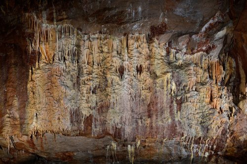 Grotte de Dargilan partie touristique (Lozère) - Paroi couverte de coulées de calcite colorées dans la partie sud de la salle du Chaos (vue d'ensemble).(SP-18-0229)