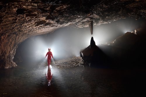 Akiyoshi-do (Akiyoshidai, Yamaguchi, Japon) - Spéléo progressant dans la rivière avec brouillard en contre jour(SP-19-0267)