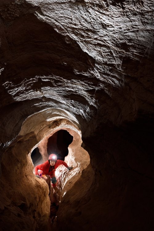Gruta Dente de Cao (Mato Grosso do Sul, Brésil) - Progression dans un méandre(SP-19-1133)
