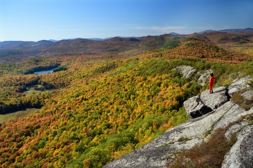 Parc des Adirondacks (état de New York, USA) -  Lac et forêts vus depuis le sommet de Moxham Mountain (personnage sur un rocher)(VO-19-1852)