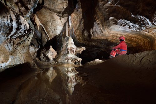 Grotte de Roquebleue (Hérault) - Salle du "salon de thé" avec reflet d'un dôme stalagmitique dans une vasque d'eau(SP-20-0045)
