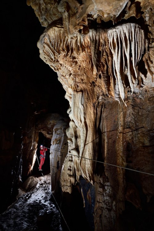 Grotte du Père Noël - Traversée sur un pont de câbles qui a été aménagé au dessus d'un passage boueux pour ne pas salir ensuite les secteurs concrétionnés(SP-19-1851)