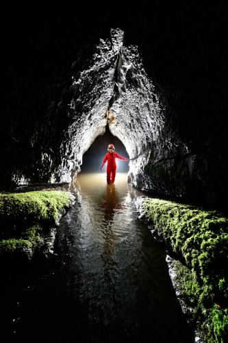 Rivière de la Vieille Folle (Doubs) - Spéléo en contre jour dans le porche d'entrée (vu de l'extérieur)(SP-20-0381)