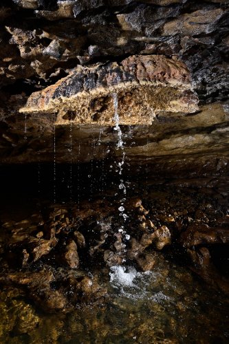 Baume de Gonvillars (Doubs) - "Bénitier inversé" avec arrivée d'eau dans une galerie basse (SP-21-1243)