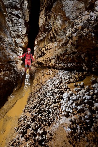 Butler cave (Virginie, USA) - Galerie avec des "boules" de gypse sur une paroi (spéléo en arrière plan)(SP-21-2017)