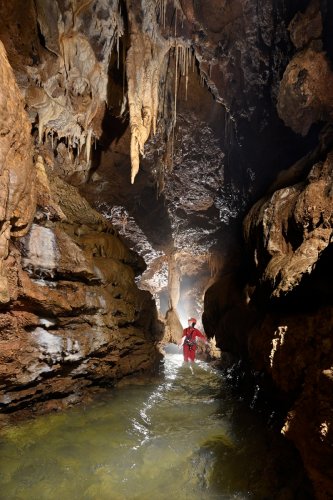 Grotte de Milandre (Suisse) - Grande stalactite en travers de la rivière(SP-22-2082)