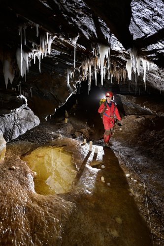 Grotte de Roquebleue (Hérault) - Petite vasque perchée sur le côté d'une galerie concrétionnée (avec spéléo)(SP-22-2479)