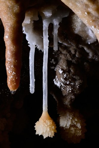 Grotte de Roquebleue (Hérault) - Galerie des volcans - Petite massue cristallisée au bout d'une fistuleuse (SP-22-2399)