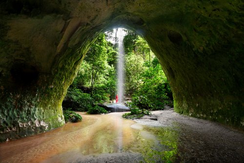 Caverna do Maroaga (Amazonas, Brésil) - Porche d'entrée de la cavité vu de l'intérieur, avec cascade et forêt en arrière plan(SP-23-1005)