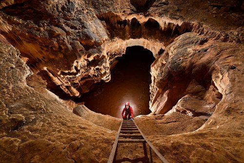 Grotte de Saint-Marcel d'Ardèche (réseau I) - Puits de la grande échelle au début du réseau I (spéléo en haut de l'échelle)(SP-24-2428)