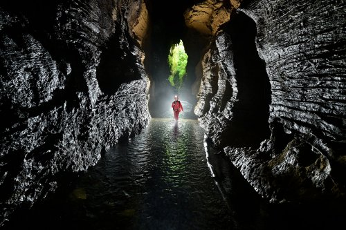 Glowworm  cave (région de Waitomo, Nouvelle Zélande) - Galerie d'entrée de la cavité avec rivière souterraine (parois luisantes)(SP-24-2660)