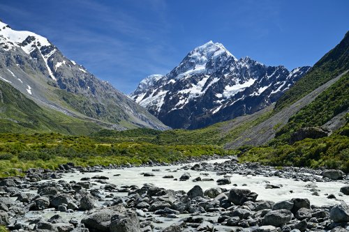 Mont Cook (Nouvelle-Zélande, Ile du sud) -  Vue depuis Hooker Valley avec torrent glaciaire en premier plan(VO-24-1653)