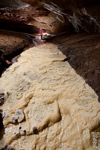 Grotte de Saint-Marcel d'Ardèche (Ardèche) - Réseau II : petite rivière au fond calcifié (spéléo debout en arrière plan)(SP-25-0093)