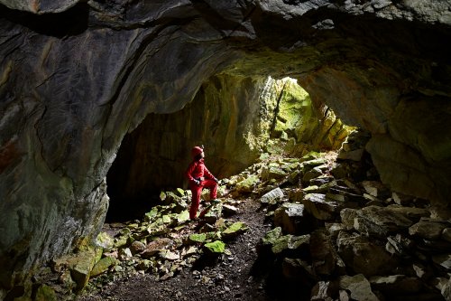 Grotte des Espagnols (Hérault) - Entrée de la cavité avec mousses vue de l'intérieur (spéléo de profil éclairé par la lumière du jour)(SP-25-0624)