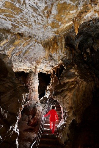 Grotte de la Fileuse de verre ou de la Devèze (Courniou, Hérault) - Passage avec colonne et plafond concrétionné. Personnage sur l'escalier(SP-25-0606)