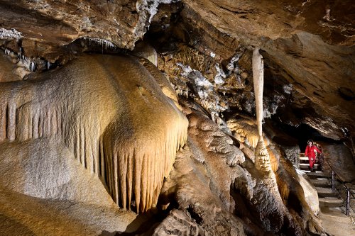 Grotte de la Fileuse de verre ou de la Devèze (Courniou, Hérault) - Salle Casteret avec coulées de calcite sur le côté. Personnage sur les escaliers en fond.(SP-25-0560)