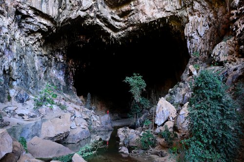 Lapa Terra Ronca (Goias, Brésil) - Porche d'entrée de la grotte vu de l'extérieur, avec sa forme de cœur caractéristique (légèrement accentuée en déformant le cliché original). Une invitation à la découvrir.(SP-25-1582)