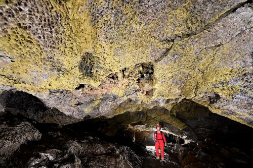 Cueva de Sucre (Isabela, Galapagos, Equateur) - Plafond d'un tube de lave couvert de bactéries jaunes (personnage en fond)(SP-26-0179)