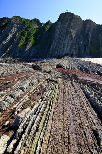 Flysch de Zumaia (Espagne) - Vue du flysch sur la plage d'Itzurun avec montagne  à l'ombre en arrière plan (sans personnage)(HY-25-0196)