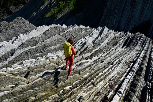 Flysch de Zumaia (Espagne) - Vue du flysch sur la plage d'Itzurun (sans ciel et avec personnage)(HY-25-0201)
