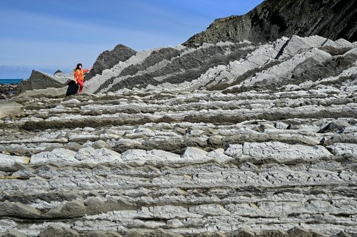Flysch de Zumaia (Espagne) - Vue du flysch sur la plage d'Itzurun avec alternance de strates blanches et grises (avec ciel et personnage)(HY-25-0213)