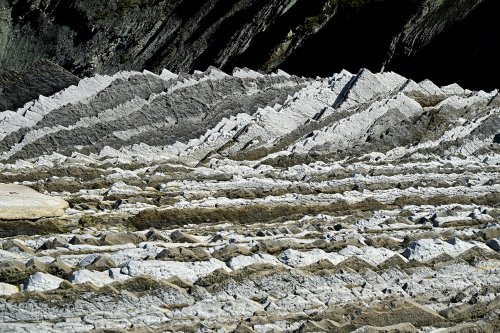 Flysch de Zumaia (Espagne) - Vue du flysch sur la plage d'Itzurun avec alternance de strates blanches et grises (sans ciel et sans personnage)(HY-25-0217)