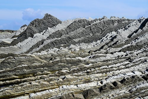 Flysch de Zumaia (Espagne) - Vue du flysch sur la plage d'Itzurun : alternance de chevrons blancs et gris (avec ciel et personnage)(HY-25-0218)