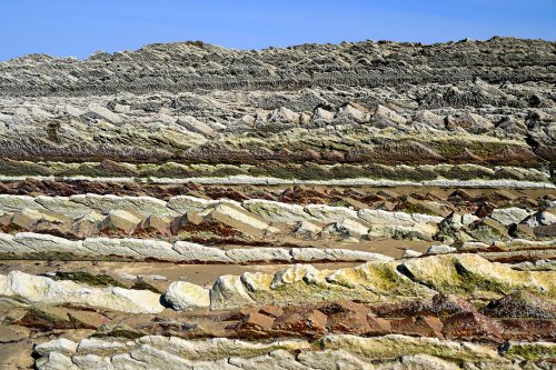 Flysch de Zumaia (Espagne) - Flysch sur la plage d'Itzurun avec alternance de strates colorées (avec ciel)(HY-25-0223)