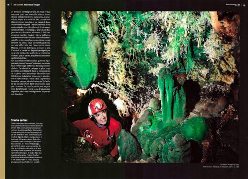 La Salamandre n°287 (Avril 2025) - Pages 16 à 19 : Bouquets émeraude (rubrique "Histoires d'images de deux doubles pages sur les aragonites vertes - cinq photos dont une en double page)