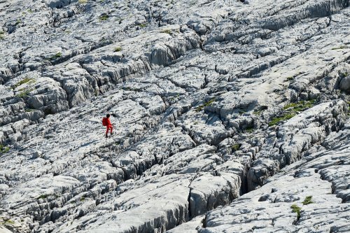 Arres d'Anie (Pierre Saint-Martin, Pyrénées Atlantiques) - Personnage progressant sur les dalles du lapiaz (cadrage serré sans ciel)(MO-21-0036)