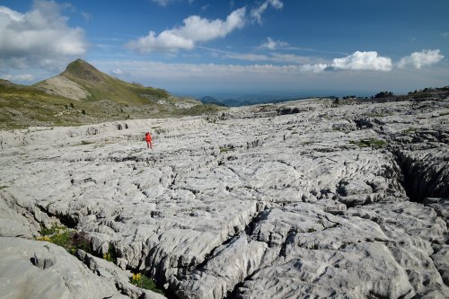 Arres d'Anie (Pierre Saint-Martin, Pyrénées Atlantiques) - Personnage progressant sur les dalles du lapiaz(MO-21-0057)