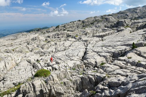 Arres d'Anie (Pierre Saint-Martin, Pyrénées Atlantiques) - Vue d'ensemble des dalles du lapiaz avec personnage(MO-21-0066)