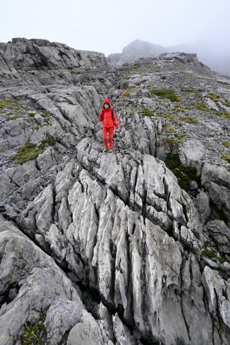 Arres d'Anie (Pierre Saint-Martin, Pyrénées Atlantiques) - Randonneuse sur lapiaz avec rainures dans le calcaire(MO-25-0024)