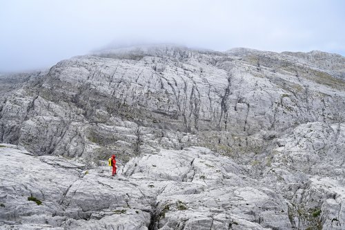 Arres d'Anie (Pierre Saint-Martin, Pyrénées Atlantiques) - Lapiaz des Arres d'Anie dans le brouillard avec randonneur premier plan(MO-25-0034)