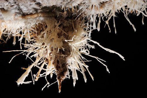 Aven des Crozes (Hérault) - Stalactite avec des aiguilles d'aragonite(SP-09-0686)