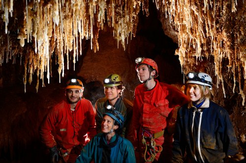 Grotte de Pousselières (Hérault) -  Groupe de cinq jeunes spéléologues admiratifs devant stalactites avec excentriques (SP-12-1058)