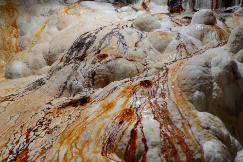 Grotte de Lodève (Hérault)- Coulées de calcite blanche avec veines rouges(SP-13-0055)