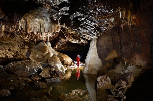 Nova Amaterska Cave (Tchéquie, Moravie, Parc National de Podiji) - Laisse d'eau dans la galerie principale(SP-13-0735)