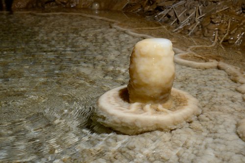 Stara Amaterska Cave (Tchéquie, Moravie, Parc National de Podiji) - Stalagmite dans un gour. La colerette s'est formée par les dépôts de calcite autour de la stalagmite à la surface de l'eau(SP-13-0862)