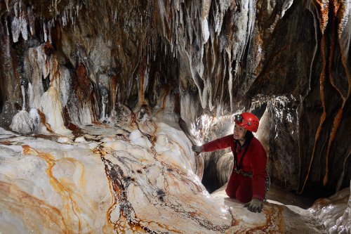 Grotte de Lodève (Hérault) - Spéléo regardant des coulées de calcite blanche avec veines rouges (SP-13-1352)