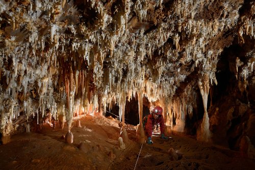 Grotte du PN 77(Hérault) - Passage balisé au milieu des concrétions(SP-13-1430)