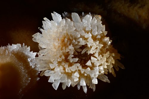 KotalehKhor Cave (Province de Zanjan, Iran) - Petite stalagmite couverte de cristaux de calcite triangulaires dans un gour (SP-15-0093)