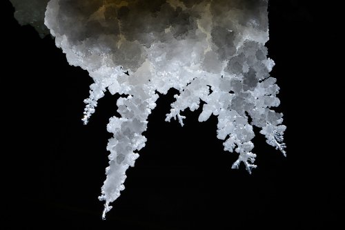 3N Cave(Namakdan, Qeshm, Iran) - Extrémité d'une stalactite de sel avec cristaux de halite(SP-15-0233)