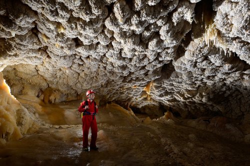Nakhjir Cave (Delijan, Iran) - Stage de perfectionnement à la photographie souterraine organisé par l'Iran Mountaineering & Sport Climbing Federation - salle avec plafond couvert de cristaux(SP-15-0487)