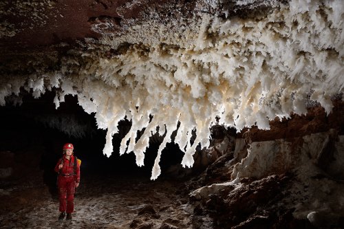 3N Cave (Iran, île de Qeshm, diapir de sel de Namakdan): spéléo à côté rangée de stalactites de sel (SP-16-0080)