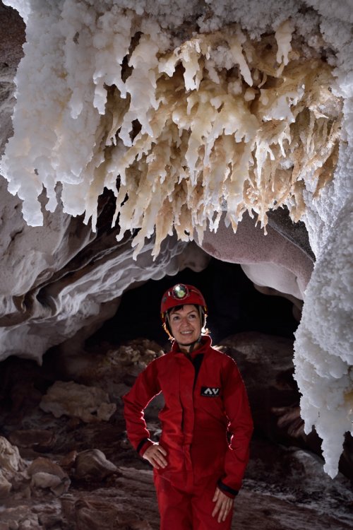 Daneshjoo Cave (Iran, île d'Hormoz) : spéléo regardant un bouquet de stalactite de sel au plafond(SP-16-0113)