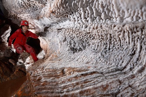 Cueva de Forat Mico (Espagne) : petite galerie dont les parois sont tapissées de dépôts blancs de sel (SP-17-0146)