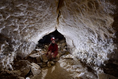Puketiti Flower Cave (Nouvelle Zélande) - Spéléo dans galerie avec parois couvertes de gypse(SP-17-1061)