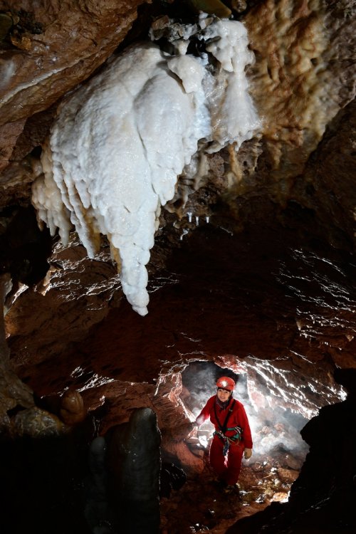 Aven des Fades (Plateau d'Albès, Hérault) - Stalactite massive de calcite blanche avec spéléo en bas dans la galerie(SP-17-1739)